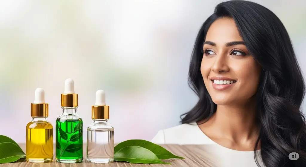 A woman with healthy hair using natural hair oil for lice treatment with neem, tea tree, and coconut oil.