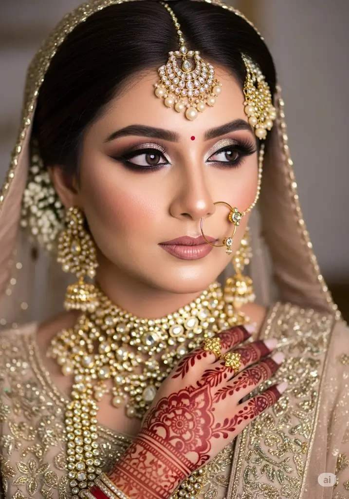 A stunning close-up of a bride with flawless HD makeup and traditional gold jewelry, a signature look by Rang-e Mubina.