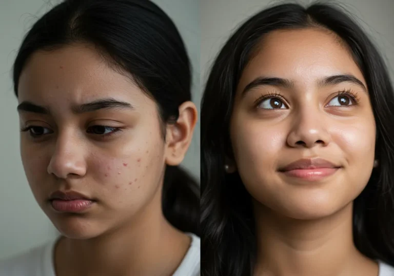 Ek South Asian larki ki pimples se saaf skin tak ke safar ki before-and-after tasveer.Pimple Kaise Hataye