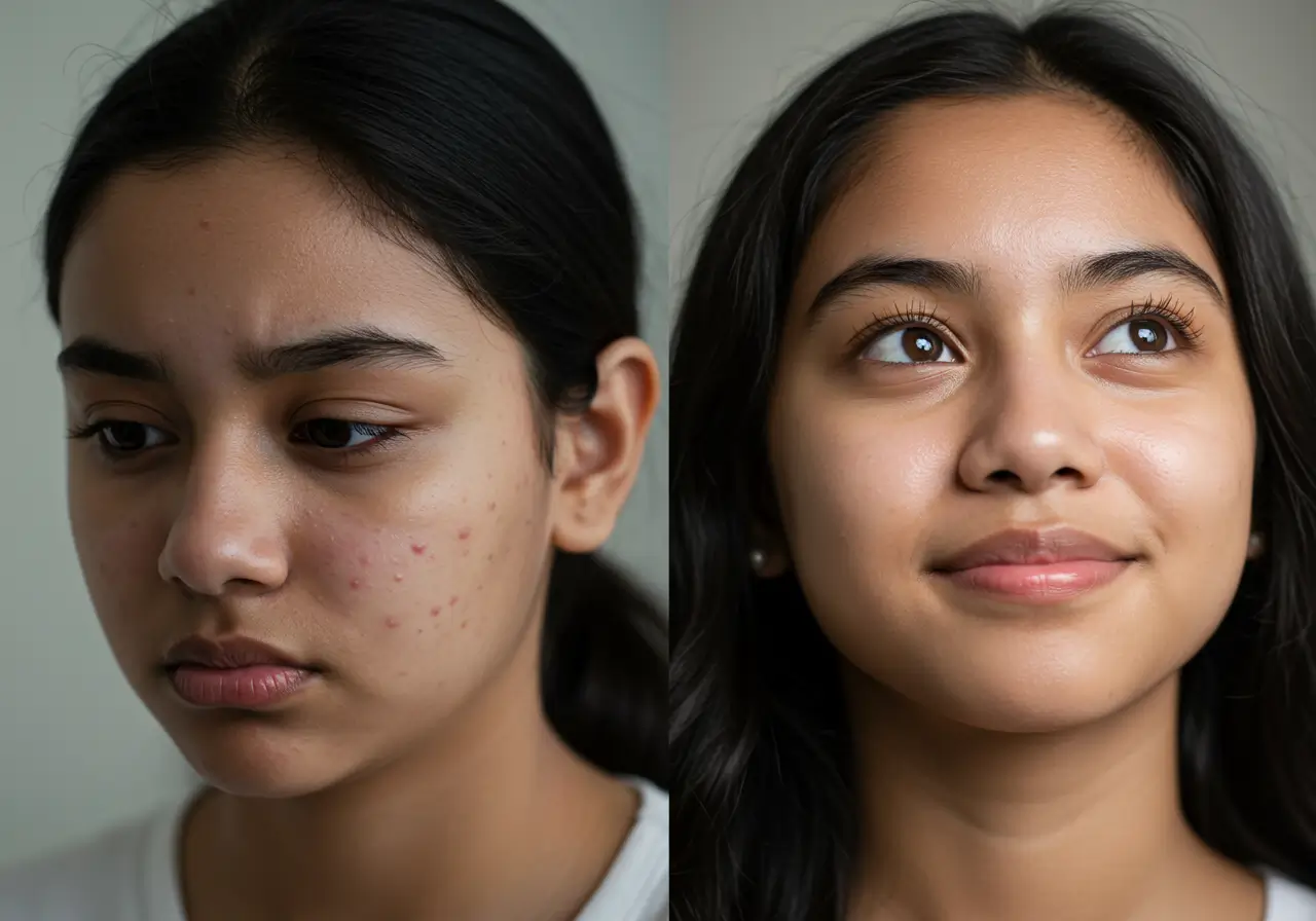 Ek South Asian larki ki pimples se saaf skin tak ke safar ki before-and-after tasveer.Pimple Kaise Hataye