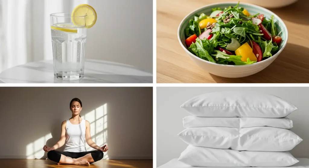 Saaf skin ke liye sehatmand aadatein jaise paani, salad, meditation, aur saaf-suthrai.