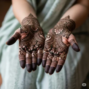 Intricate mehndi design by professional artist in Lahore.