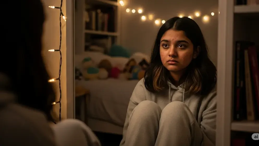 Ek pareshan larki aaine mein apne pimples dekh kar soch rahi hai ke 'pimple kaise hataye'.