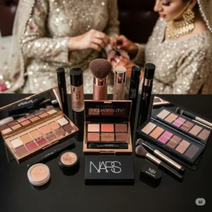 High-end makeup products like Huda Beauty used at Rang-e Mubina salon.