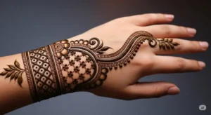 A modern and stylish henna design on the back of a hand, showcasing the artistic range of Rang-e Mubina.