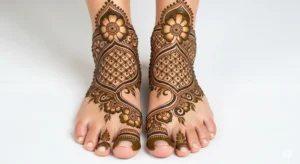 Elegant and detailed henna art on a bride's feet, perfectly crafted by Rang-e Mubina.
